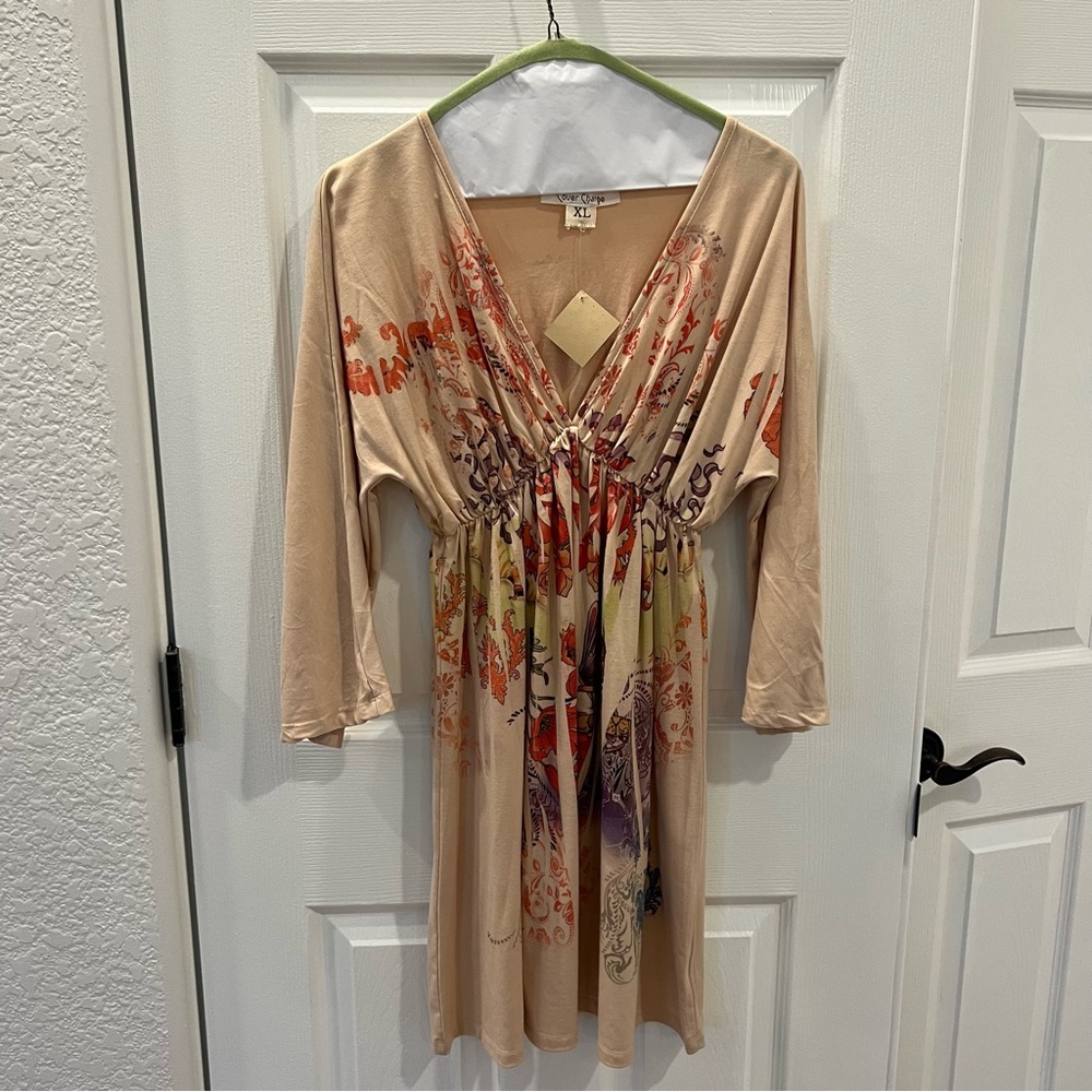 Boho Beige and Multicolor Long Sleeve Dress